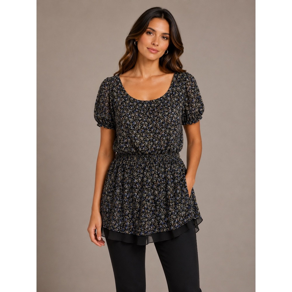 Forever‎ 21 Floral Peplum Blouse Black Ditsy Print Short Puff Sleeve Small
